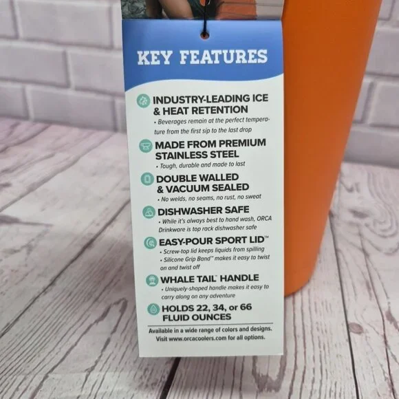 NWT ORCA HYDRA 34 oz Water Bottle Whale Tail Handle Blaze Orange - Picture 4 of 9